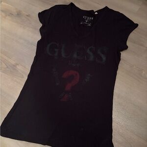 GUESS Black Short-Sleeve V-Neck Tee with Red Question Mark